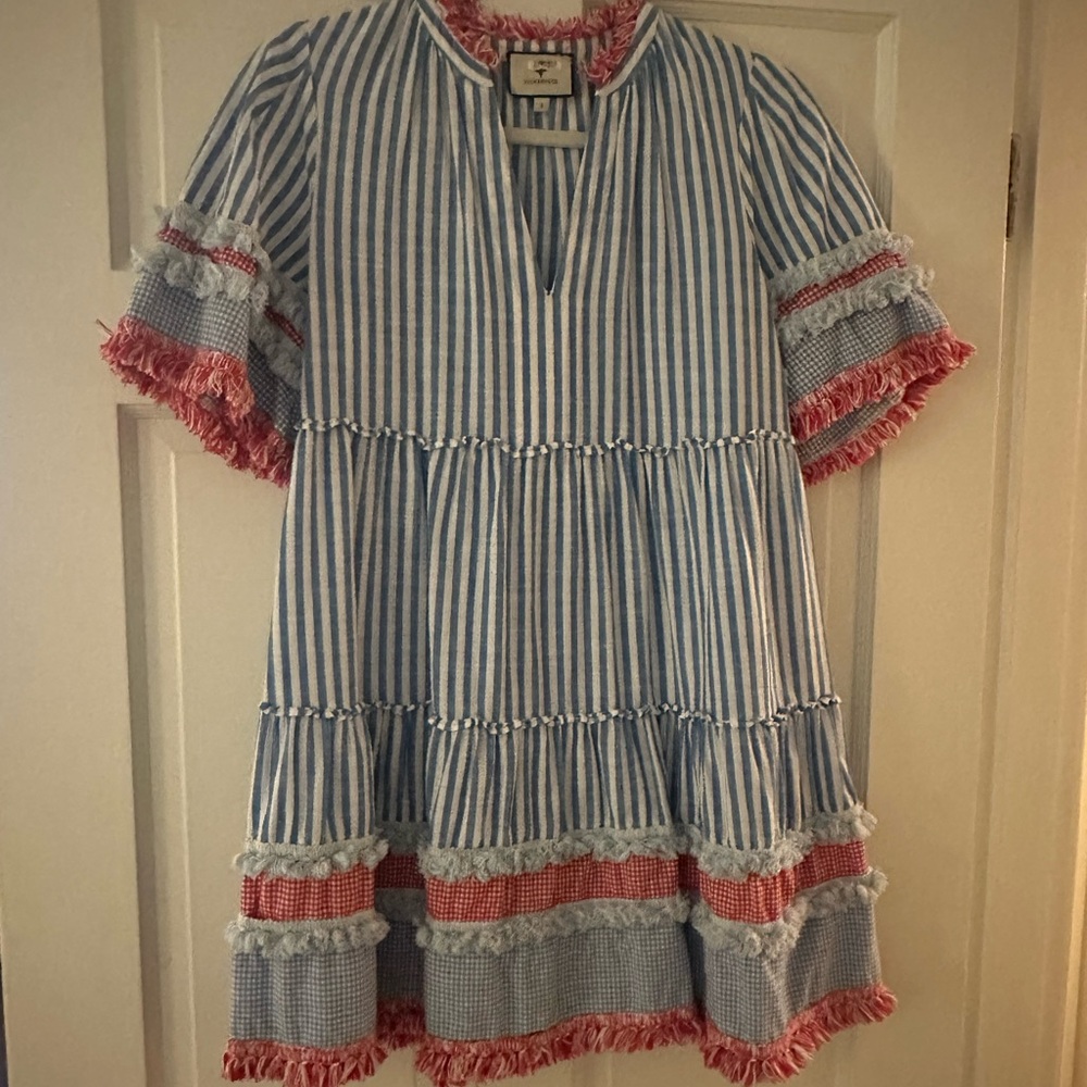 Striped Blue and Red Dress with Fringe